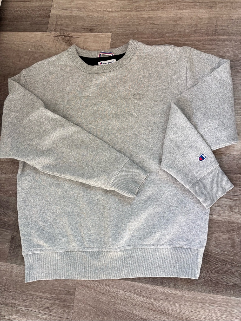 Champion Light Gray Crewneck Sweatshirt with Sleeve Logo